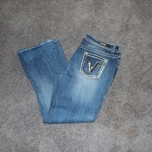 Vigoss Women's Dark Wash Silver V Embroidery Mid Rise Boot Cut Jeans